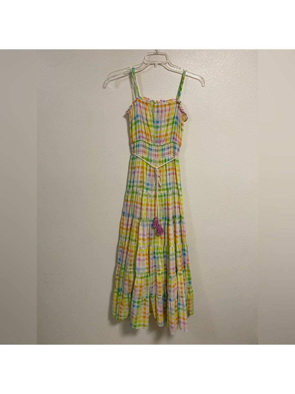 Playa Lucila Dress Women’s Size Small Rainbow Gingham tiered Maxi Dress